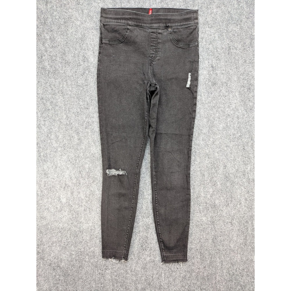 SPANX Black Denim Jeggings Womens M Ripped Distressed Hem Pull On‎ Jeans